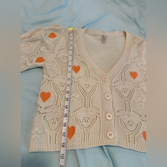 Blue Steel Medium Cream Open Knit Button cardigan w/ Orange Embroidered Hearts. - Picture 4 of 11